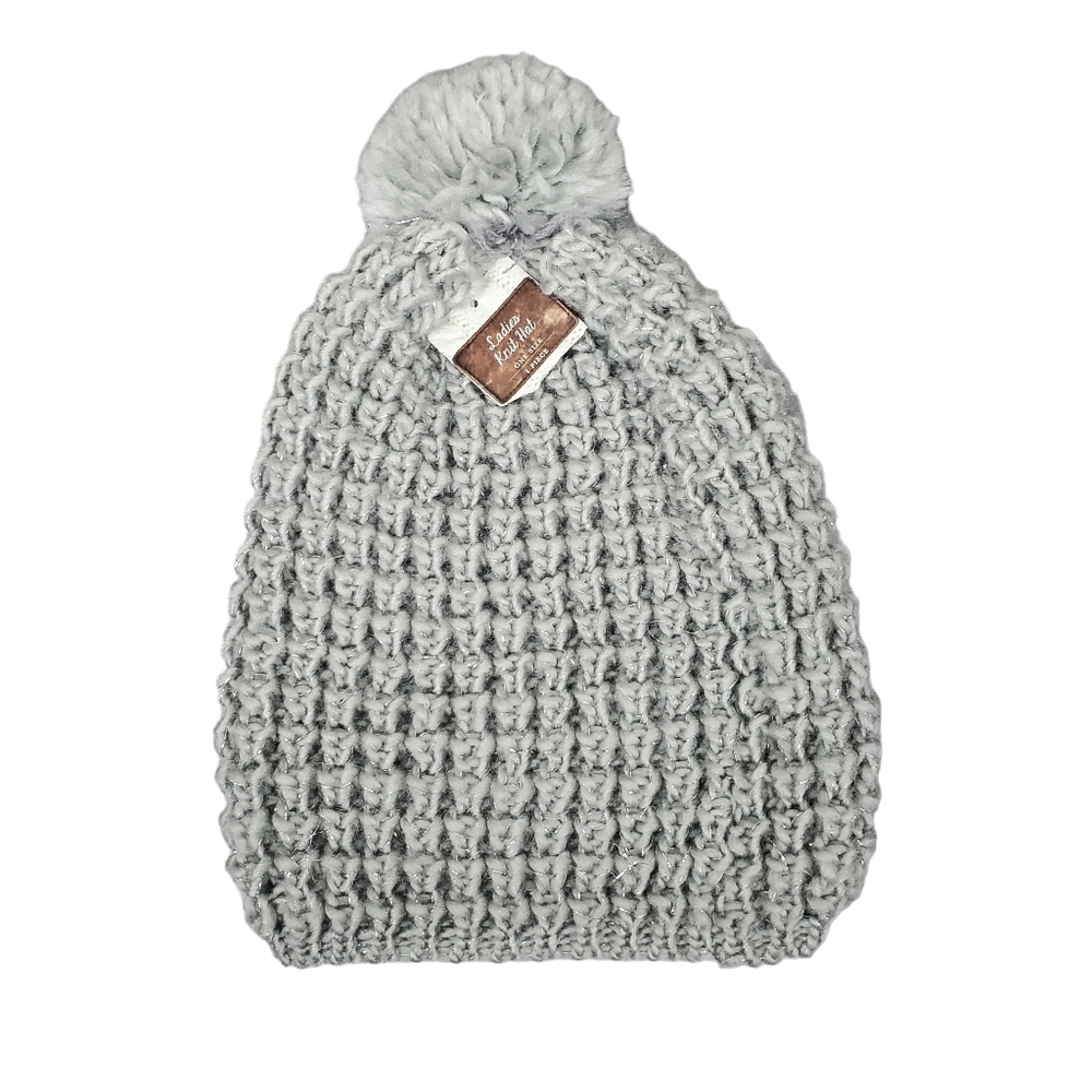 Gertex Womens Grey Metallic Knit Pom Pom Beanie Size OS NWT